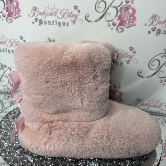 Slippers bows π coquette furry fuzzy soft fur booties π soft plush lounge pink - Picture 5 of 7